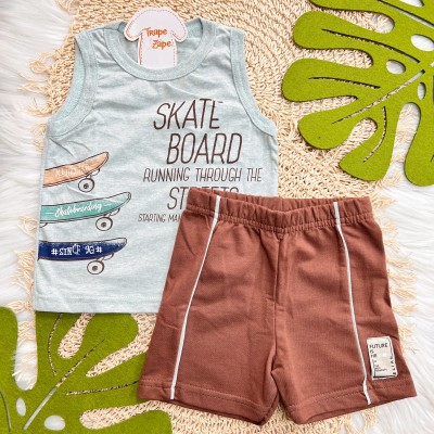 Conj. Regata Skate Board e Short em Moletinho- Verde e Marrom